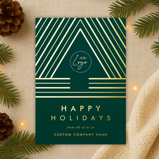 Carte De Vœux En Aluminium Logo d'entreprise Vert Noël géométrique (stylish geometric green and gold foil Christmas tree corporate holiday card with your company logo)