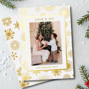 Carte De Vœux En Aluminium Love & Joy Christmas Photo Modern Gold Snowflakes