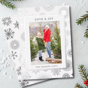 Carte De Vœux En Aluminium Love & Joy Christmas Photo Modern Silver Snowflake