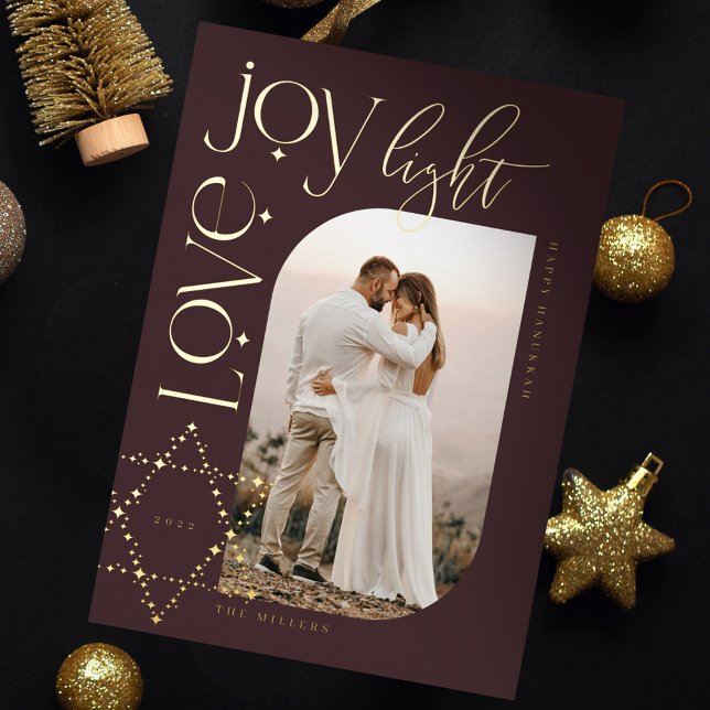Carte De Vœux En Aluminium Love Joy Light Star de David Happy Hanoukka Photo (Love Joy Light Star of David Happy Hanukkah Photo Foil Holiday Card)