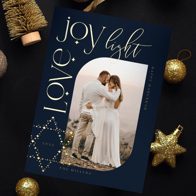 Carte De Vœux En Aluminium Love Joy Light Star de David Happy Hanoukka Photo (Love Joy Light Star of David Happy Hanukkah Photo Foil Holiday Card)