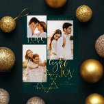 Carte De Vœux En Aluminium Love Light Joy Star David Hanoukka 3 Photo Collage<br><div class="desc">Elegant Hanoukka trois photo-collage carte avec un élégant design de typographie "Love Joy Light" en or. Des étoiles dorées brillantes créent l'étoile de David. Oeuvre de Moodthology Papery.</div>