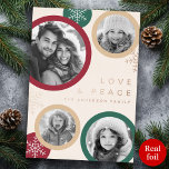 Carte De Vœux En Aluminium Love peace snowflakes Christmas photo holiday card<br><div class="desc">Joyeuse carte de Noël avec vos photos personnalisées. Texte personnalisable "Amour et paix",  et votre nom de famille. Accessoires en papier à aluminium</div>