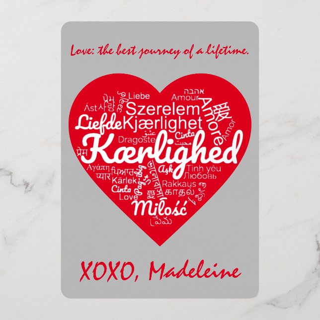 Carte De Vœux En Aluminium LOVE traduit en 40 langues Saint Valentin (Recto)