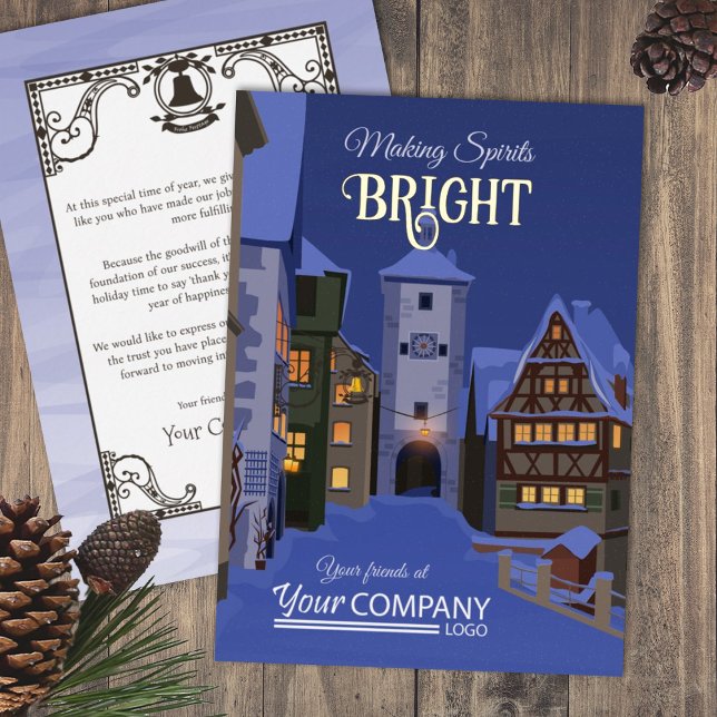 Carte De Vœux En Aluminium Lumières brillantes au crépuscule, Noël Bavarois d (Folk Art Christmas Lights Company Holiday Greeting Cards Blue Rothenburg, German, old Bavarian Town)