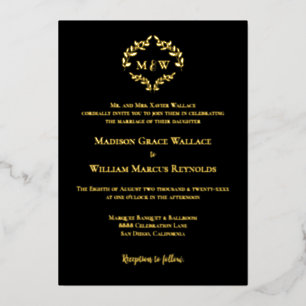 Carte De Vœux En Aluminium Luxe Black Gold Elegant Wreath Monogram Mariage