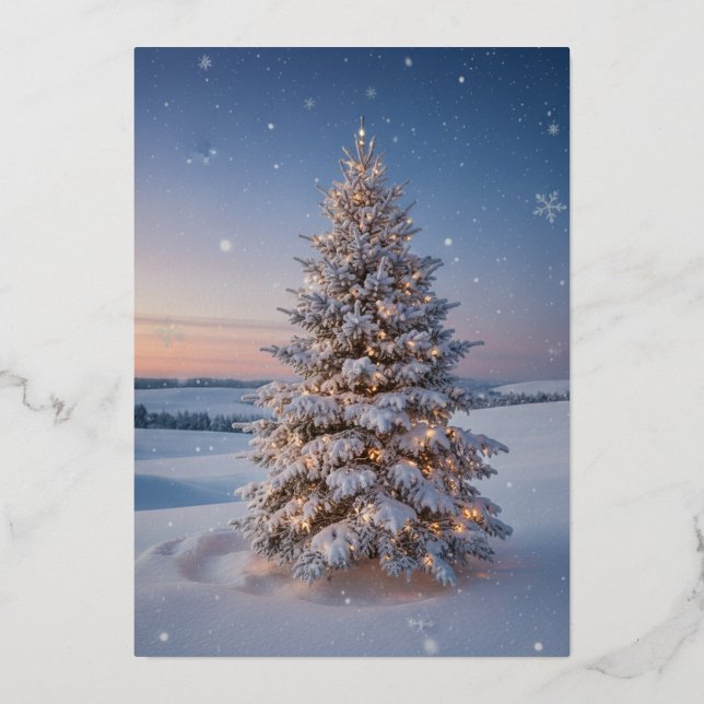 Carte De Vœux En Aluminium Magical Snow-Covered Christmas Tree at Sunset (Recto)