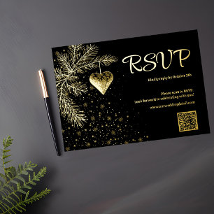 Carte De Vœux En Aluminium Mariage de Noël noir et or code QR RSVP