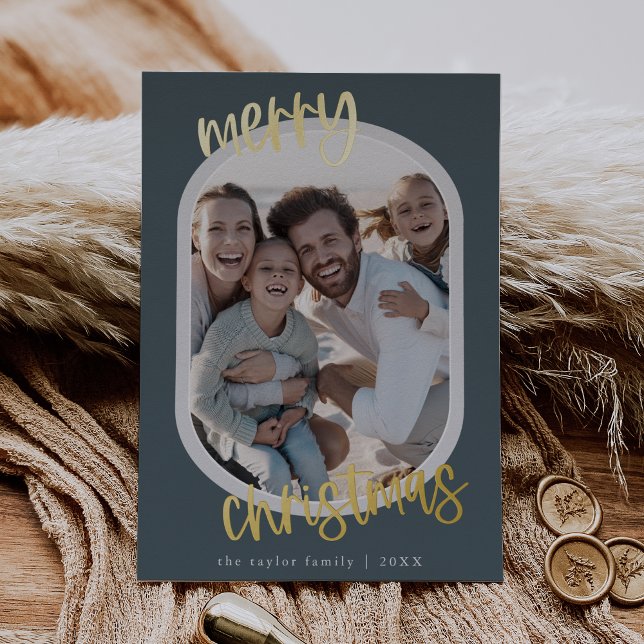 Carte De Vœux En Aluminium MARIAH Blue Foil Retro Famille Amusants Noël Photo (MARIAH Blue Foil Retro Family Fun Christmas Photo Foil Holiday Card)