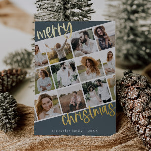 Carte De Vœux En Aluminium MARIAH Blue Gold Foil Fun Multi Photo Christmas