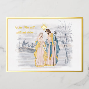 Carte De Vœux En Aluminium Marie, Joseph et Jésus de Noël bleu et or