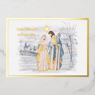 Carte De Vœux En Aluminium Marie, Joseph et Jésus Noël bleu et or