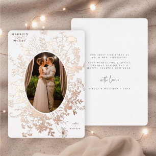Carte De Vœux En Aluminium Marié & Joyeux Floral Noël Photo Rose Gold
