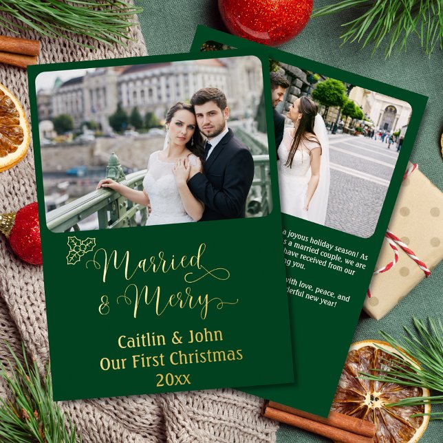 Carte De Vœux En Aluminium Marié Merry Custom Newlyweets 1er Christmas Green (Married & Merry, Our 1st Christmas together custom gold foil card with 2 photos and custom text.)