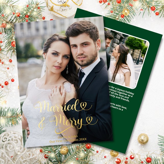 Carte De Vœux En Aluminium Marié Merry Newlyweds 1er Noël Coeurs photo (Married & Merry Custom 2-Photo Christmas Card in Gold Foil, Green on back with Personal Note & Photo)