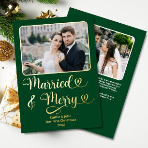 Carte De Vœux En Aluminium Marié Merry Newlyweds 1er Noël Coeurs verts