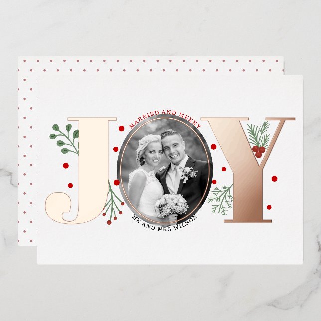 Carte De Vœux En Aluminium Mariés et joyeux Noël JOY photo or rose  (Recto/Verso)