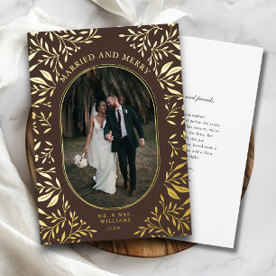 Carte De Vœux En Aluminium "Mariés & Joyeux" Photo Botanique Chocolat Brun