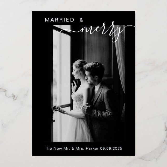 Carte De Vœux En Aluminium Mariés modernes & joyeux 1er Noël (Recto)