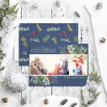 Carte De Vœux En Aluminium Marine moderne bleu Joyeux Noël Script Pine Photo<br><div class="desc">Vous cherchez une carte de vacances unique qui se démarquera vraiment? Joyeux Noël bleu marine moderne Pine photo Gold Foil Carte de vacances ! Cette belle carte présente trois de vos photos préférées dans un cadre en feuille d'or, accentué par des motifs hivernaux festifs en feuille rouge, verte et or....</div>