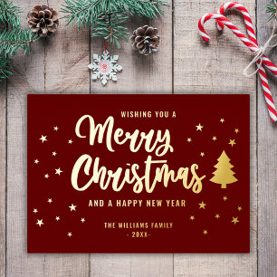 Carte De Vœux En Aluminium Maroon Gold Non Photo Nom de famille Joyeux Noël