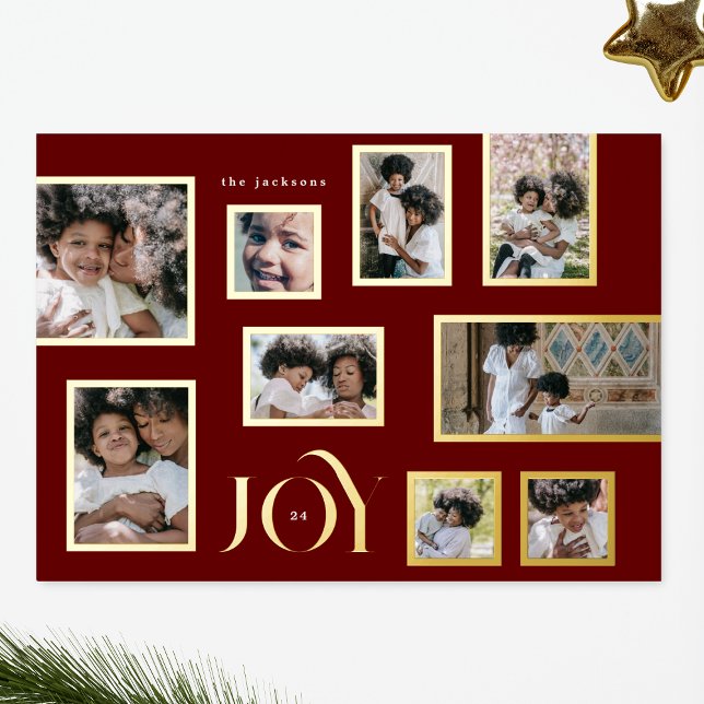 Carte De Vœux En Aluminium Maroon Photo Gold Frames Collage Modern JOY (Créateur téléchargé)