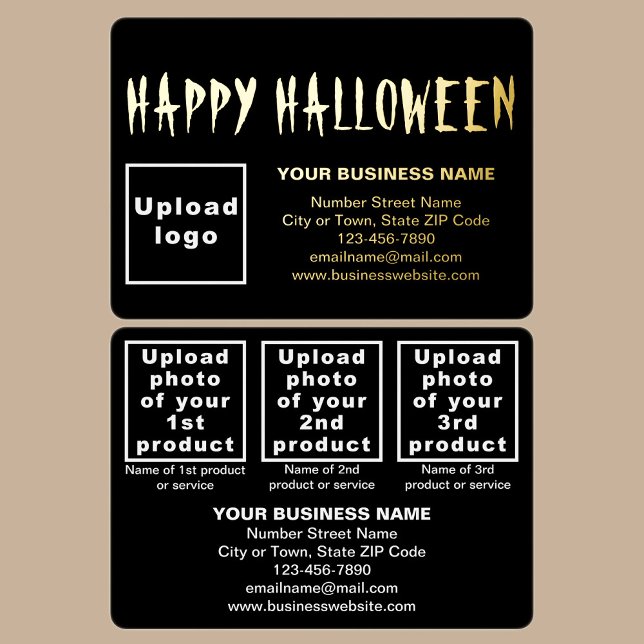 Carte De Vœux En Aluminium Marque commerciale noire sur le rectangle d'Hallow (Black business brand with products or services on Halloween rectangle foil holiday card.)