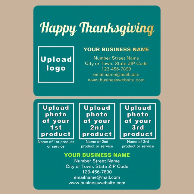 Carte De Vœux En Aluminium Marque turquoise Green Business, Rectangle Thanksg (Teal green business brand with products or services on Thanksgiving rectangle foil holiday card.)