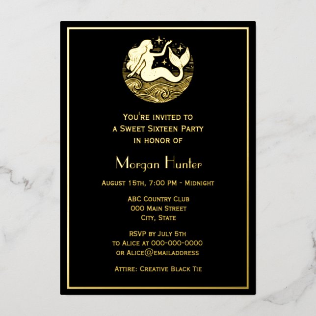 Carte De Vœux En Aluminium Mermaid Flowing Hair Waves Stars Sweet Sixteen (Recto)