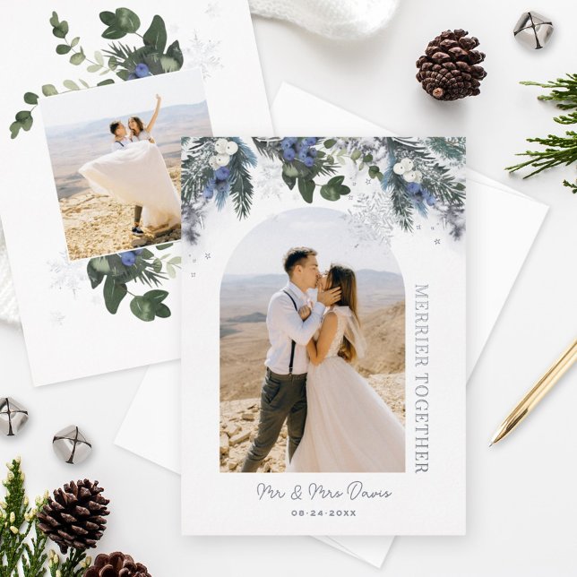 Carte De Vœux En Aluminium Merrier Ensemble Bleu Argent Vert Hiver Floral (Créateur téléchargé)