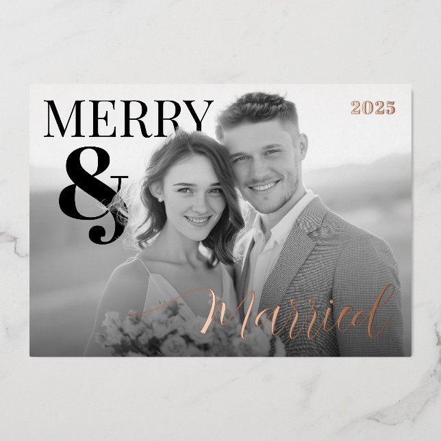 Carte De Vœux En Aluminium Merry and Married Modern Photo Foil Holiday Card (Recto)
