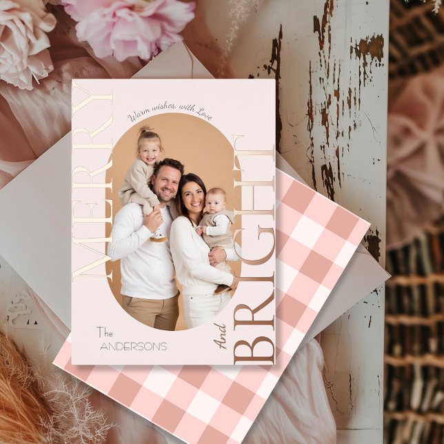Carte De Vœux En Aluminium Merry & Bright Blush Rose Gold Script (Merry & Bright Blush Rose Gold Script Foil Holiday Card)