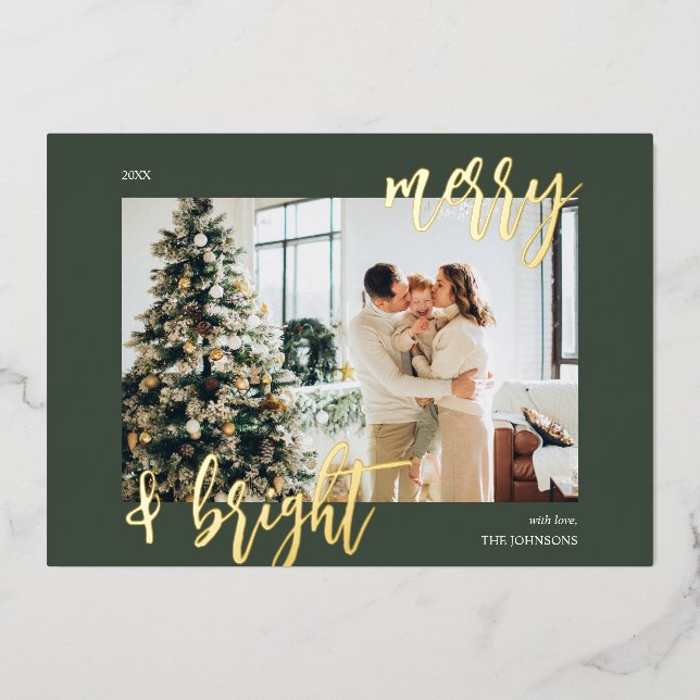 Carte De Vœux En Aluminium Merry Bright Brush Script Photo Vert (Recto)
