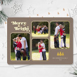 Carte De Vœux En Aluminium Merry & Bright Retro Photo Christmas Gold<br><div class="desc">This Christmas card features the text "Merry & Bright" appearing in a fun gold foil retro font on a dark tan background.  The design offers 4 photo frames for you favorite pictures. Photography © Storytree Studios,  Stanford,  CA</div>