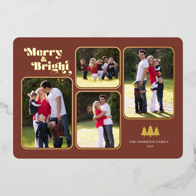 Carte De Vœux En Aluminium Merry & Bright Retro Photo Christmas Gold (Recto)