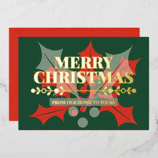 Carte De Vœux En Aluminium Merry Christmas Holly Berry Gold Foil Holiday Card