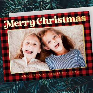 Carte De Vœux En Aluminium Merry Christmas Modern Plaid Pattern Family Photo