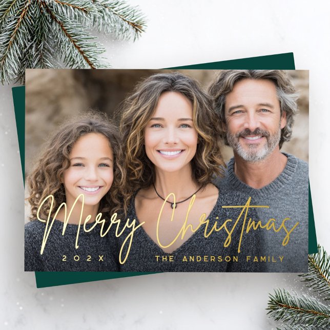 Carte De Vœux En Aluminium Merry Christmas modern script deep green photo (Merry Christmas modern script deep green photo Foil Holiday Card)