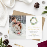 Carte De Vœux En Aluminium Merry Christmas Photo Winter Greenery Monogram<br><div class="desc">This elegant Merry Christmas and Happy New Year holiday card features a portrait photo adjacent to a beautiful floral watercolor winter greenery wreath with custom gold foil monogram initial. Stylish text includes "Our New Home for the Holidays" text along with your new address. A coordinating burgundy / wine red watercolor...</div>