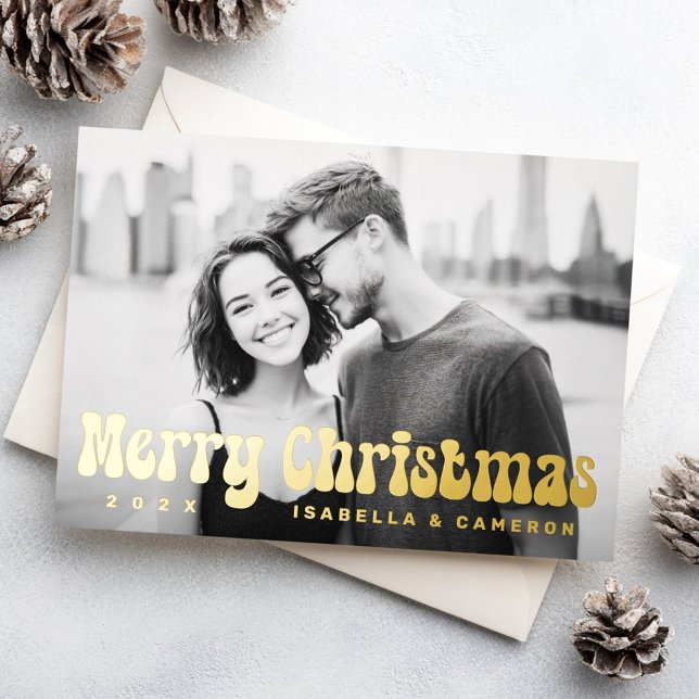 Carte De Vœux En Aluminium Merry Christmas retro font name year photo (Merry Christmas retro font name year photo Foil Holiday Card)