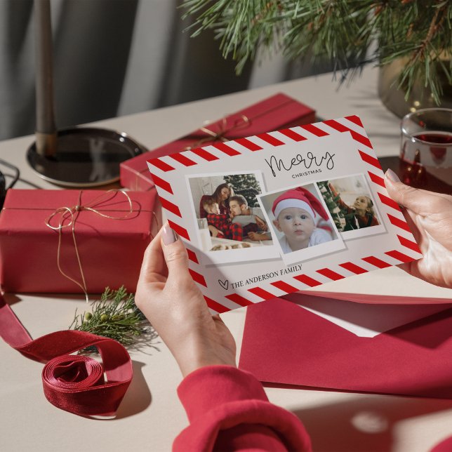 Carte De Vœux En Aluminium Merry Christmas Retro Script — 3 Photo  Holiday Ca (Merry Christmas Retro Script — 3-Photo Holiday Card)