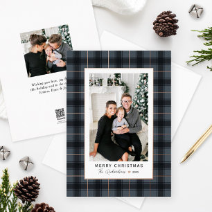 Carte De Vœux En Aluminium Merry Christmas Slate Rose Gold Tartan Plaid Photo