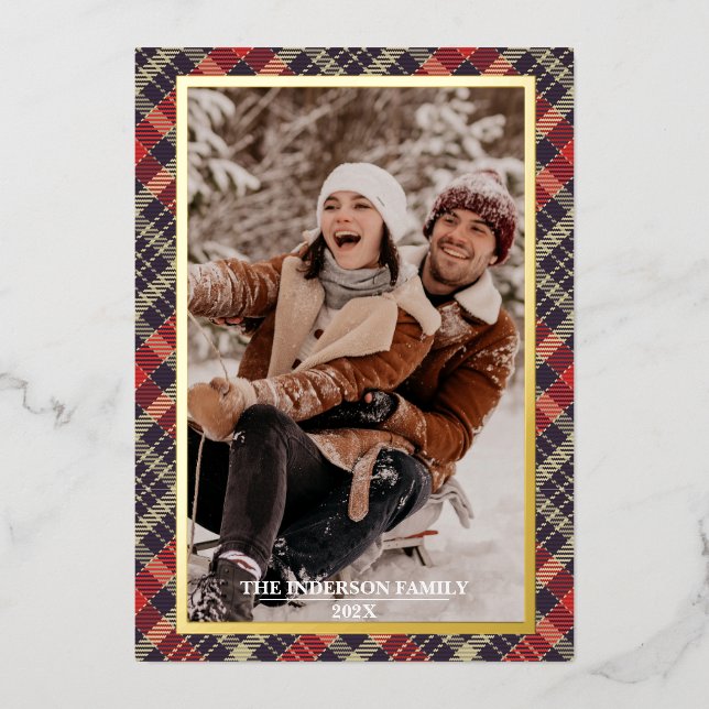 Carte De Vœux En Aluminium Merry Christmas Tartan Plaid Card - Foil Holiday  (Recto)