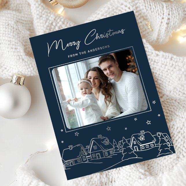 Carte De Vœux En Aluminium Merry Christmas Winter Village Hand Drawn (Créateur téléchargé)