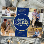 Carte De Vœux En Aluminium Merry Everything 4 Photo Collage Bleu et or<br><div class="desc">Personnalisez cette carte de Noël en feuille d'or de luxe avec quatre de vos photos préférées. Le modèle est configuré pour vous permettre d'ajouter vos quatre photos et, il a aussi deux sections pour vos salutations et vos noms. Le centre de la carte a le libellé "Joyeux Tout" dans une...</div>
