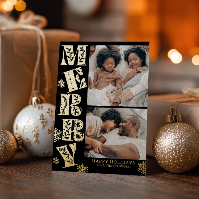 Carte De Vœux En Aluminium Merry Hand drawn Christmas 2 Photo (Merry Hand drawn Christmas 2 Photo Foil Holiday Card)