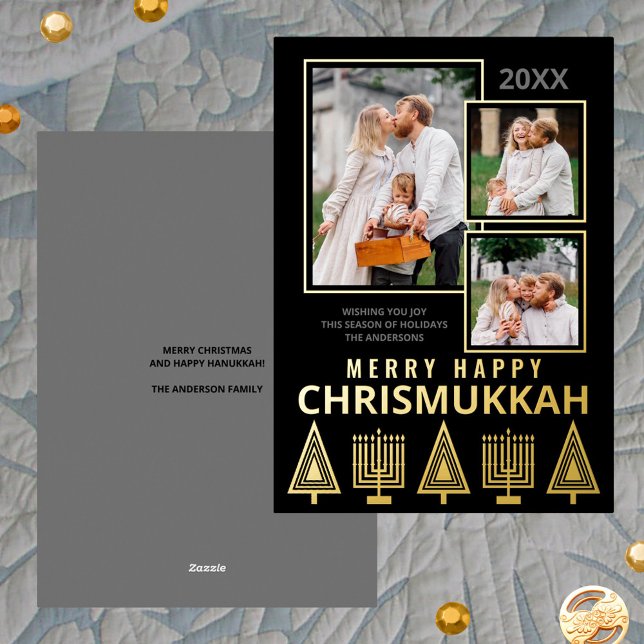 Carte De Vœux En Aluminium Merry Happy Chrismukkah Chic 3 Photo Gold (Add the luxury of real gold foil printing to your holiday cards)