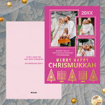 Carte De Vœux En Aluminium Merry Happy Chrismukkah Chic 3 Photo Rose Gold<br><div class="desc">Des cartes de voeux personnalisées imprimées avec de la feuille d'or apportent une touche de luxe à vos envois de vacances. Facile à customiser, il suffit d'ajouter vos trois photos où elles apparaîtront légèrement chevauchant avec des bordures dorées minces sur l'arrière - plan rose baie solide. Éditez l'année en haut...</div>