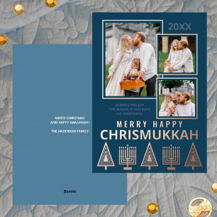 Carte De Vœux En Aluminium Merry Happy Chrismukkah Chic 3 Photo Rose Gold