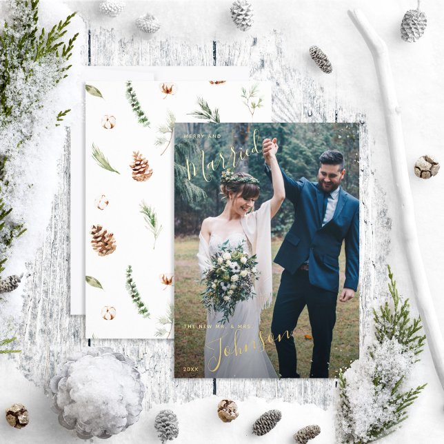 Carte De Vœux En Aluminium Merry & Marié Coton Winter Wedding Photo (Créateur téléchargé)